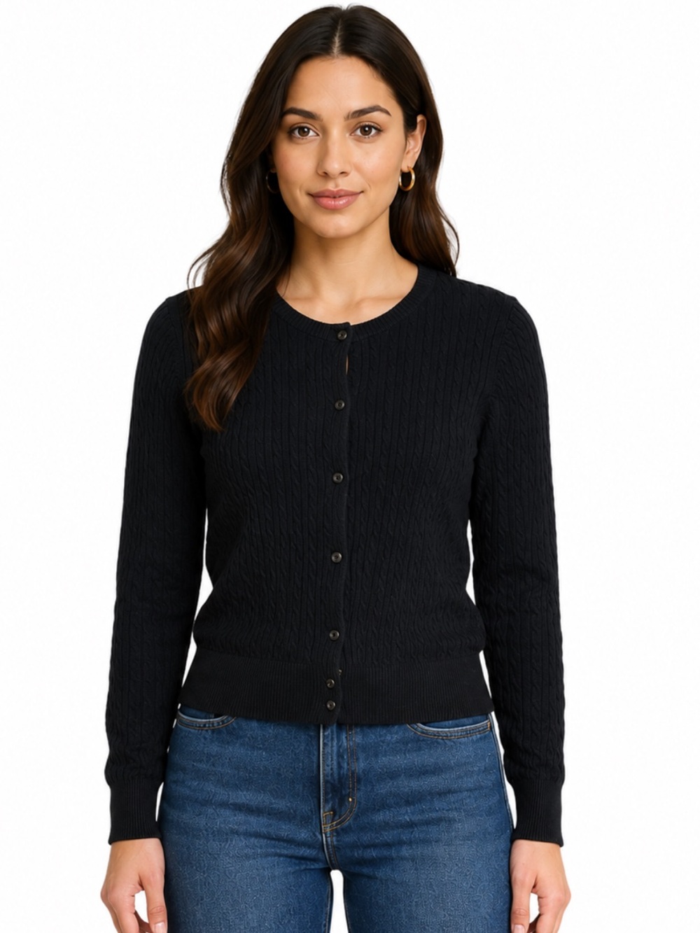 L.L.Bean Black Cable Knit Cardigan Women’s Size M Button Front Classic Sweater